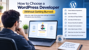 Illustration of a laptop showing a website wireframe next to a checklist and magnifying glass, representing how to evaluate and hire a WordPress developer
