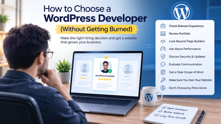 Illustration of a laptop showing a website wireframe next to a checklist and magnifying glass, representing how to evaluate and hire a WordPress developer